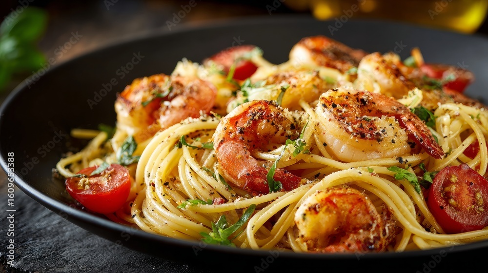 Fototapeta premium Close-up of a delicious shrimp pasta dish served on a dark tabletop