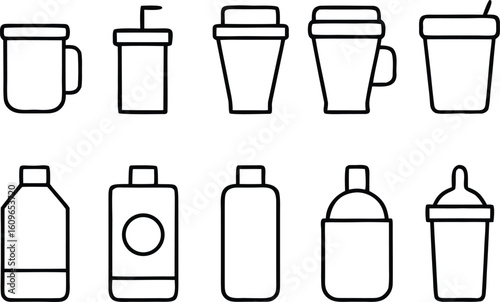 Collection of outline drinkware and beverage containers isolated on transparent background