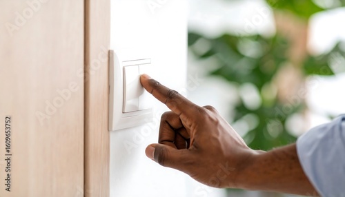 A hand turning on a light switch