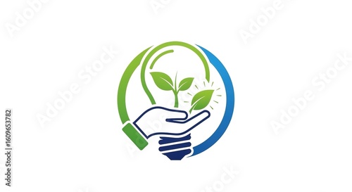 Hand holding plant sprouts inside lightbulb shape with green and blue colors.