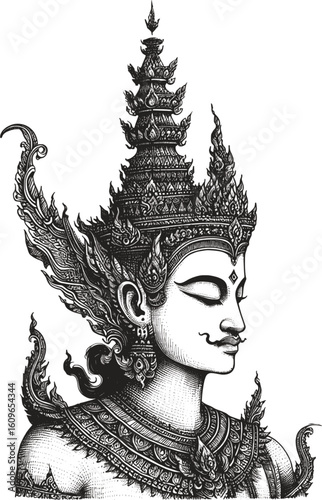 The Eternal Protector Thai deity angel linework vintage ink sketch hand drawn bread pen drawing illustration background vector