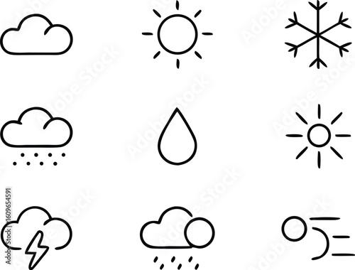 Collection of weather forecast icons in a simple line art style isolated on transparent background