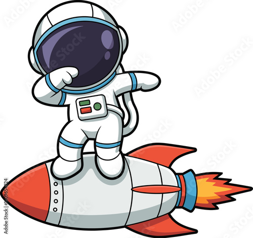 Cartoon astronaut riding rocket, space explorer dabbing pose, funny galaxy character illustration, futuristic spacesuit design, vector space art, isolated white background