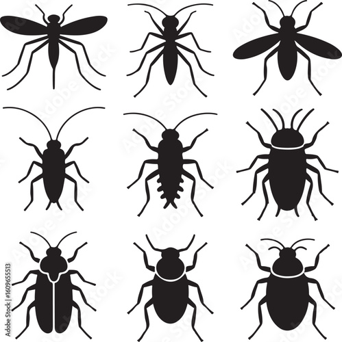 Crawling & Flying Insects Silhouette Pack – Mosquito, Wasp, Cockroach, Grasshopper, and Termite