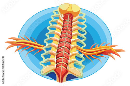 Anatomical Illustration of the Spinal Cord and Nerves with a Blue Background Depicting Human Biology and Medical Knowledge