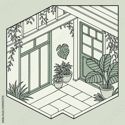 Isometric view of a sunroom with potted plants climbing vines and a large leaf on the wall in light hues