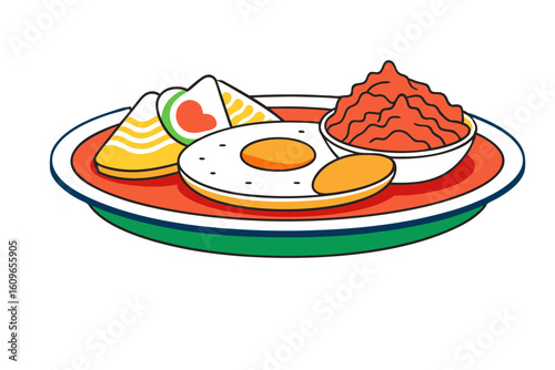 Chilaquiles Platter Vector with Eggs, Salsa Roja, and Cheese