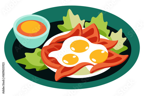 Line Drawing of Chilaquiles Dish with Salsa and Eggs Detail