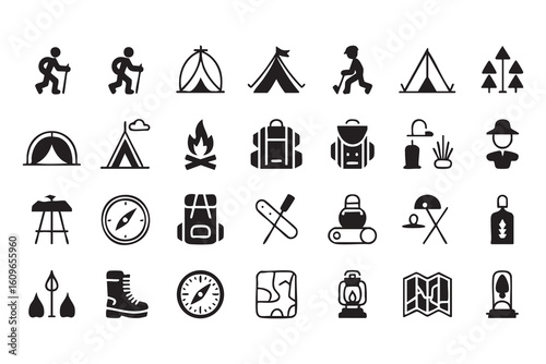 Camping hiking adventure equipment icons vector