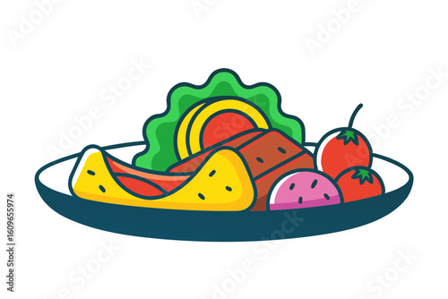Mexican Fajitas with Beef and Peppers in Line Drawing Style
