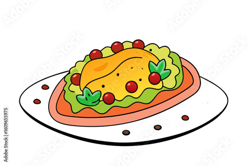 Top View Line Drawing of Mexican Enchilada and Rice Platter