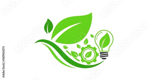 Green energy concept: leaf, lightbulb, gear on white background.