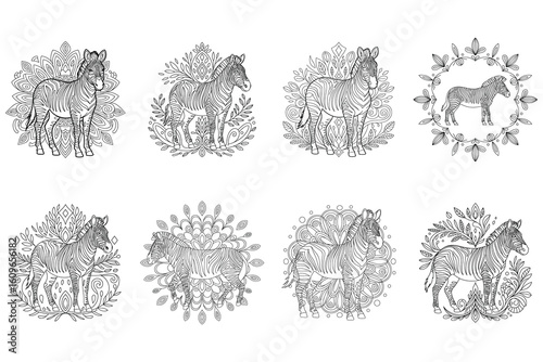 Hand drawn detailed zebra illustrations with decorative mandala backgrounds in a monochromatic line art style.