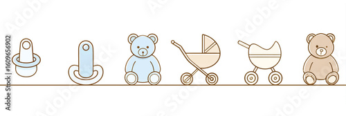 Delicate Baby Icon Set with Pacifiers Teddy Bears and Strollers for Nursery Decor and Infant Product Design