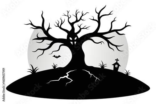 Scary Halloween Tree Silhouette Vector for Haunted Forest Scene
