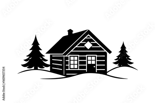 Snowy Winter Cabin Silhouette for Cold Season Graphic Projects