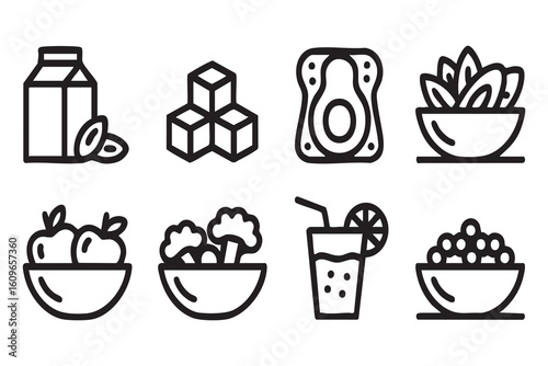 Healthy food and drink icons featuring fruits vegetables and beverages milk carton almonds