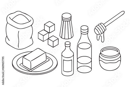 Ingredients for baking and cooking including flour sugar butter oil and honey baking ingredients