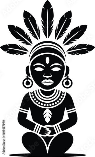 Black and white tribal woman with feathered headdress sitting in a meditative pose on a white background