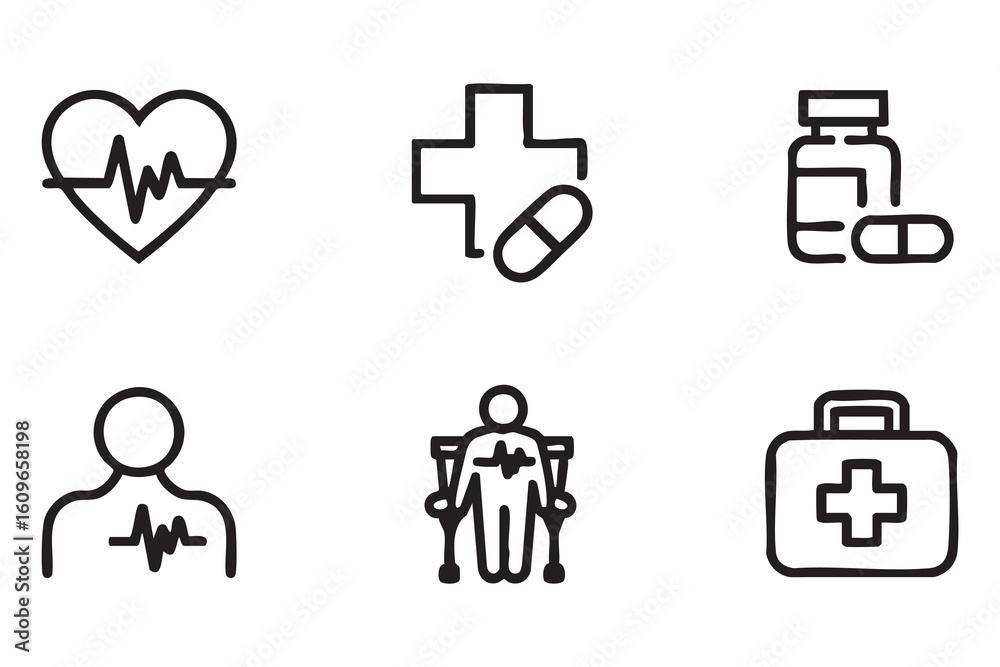 Obraz premium Medical icons heart pulse cross pills bottle person crutches first aid kit health electrocardiogram