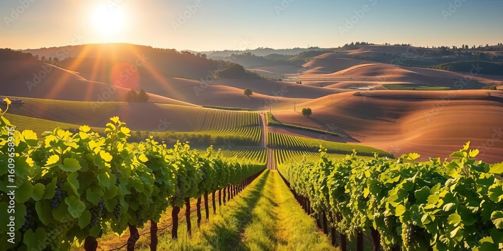 Fototapeta premium Sun-drenched vineyard rows stretching across a rolling rural landscape, lush green vines heavy with grapes, green, pastoral