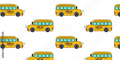 Seamless pattern yellow school bus transport background. Doodle sketch style vector pattern. Perfect for textile, wrapping paper, greeting cards and posters for kindergarten.