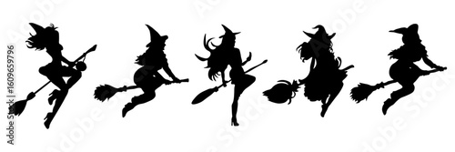 Witches on a broom. A set of black silhouettes of girls on a broom. Perfect for decorating for the Halloween holiday. For decoration, postcards, posters, advertising
