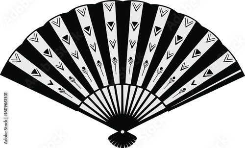 Elegant black and white hand fan illustration with geometric and decorative pattern for designs