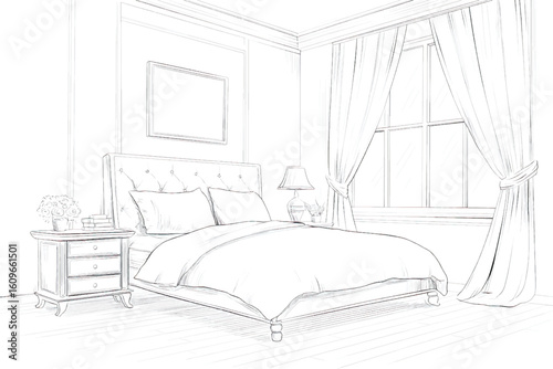 Elegant Bedroom Sketch Art Illustration Interior Design Comfortable Bed with Nightstand and Window Curtains Peaceful Serene Home Dcor
