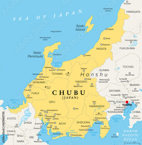 Chubu, region of Japan, political map. Also known as Central Region or Central Japan, a region in the middle of main island Honshu, encompassing nine prefectures. Map with capitals and largest cities.