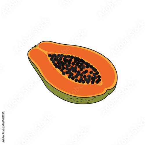 Papaya fruit tropical slice, half cut ripe papaya with black seeds and orange pulp in flat vector cartoon style perfect for healthy food and exotic fruit design

