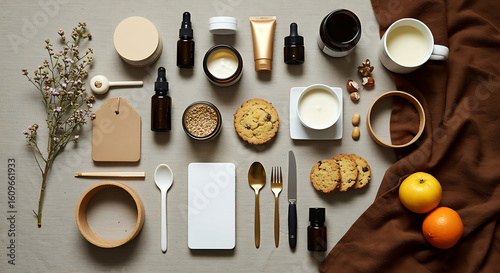 Elevated wellness flatlay featuring soothing skincare, aromatherapy, nourishing food and mindful living details