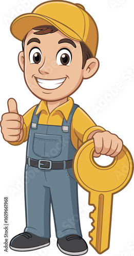 Cartoon locksmith character smiling, wearing uniform and cap, holding big golden key and showing thumbs up, perfect for locksmith service, security, home repair