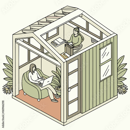 Illustration of two people working in a greenhouse structure with plants and furniture inside the space