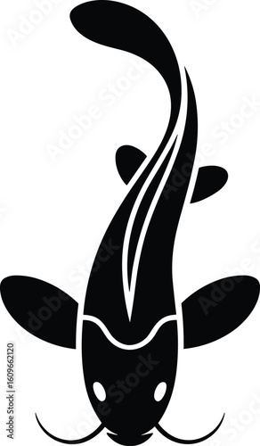 Elegant black silhouette of a koi fish floating isolated on a white background suitable for various designs