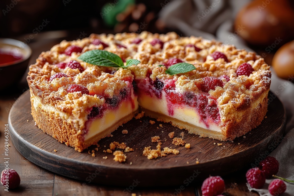 custom made wallpaper toronto digitalStreuselkuchen slice lifted as golden crumbs scatter on wooden bakery board