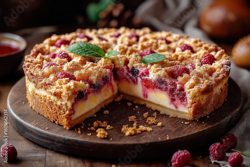 Wallpaper Mural Streuselkuchen slice lifted as golden crumbs scatter on wooden bakery board Torontodigital.ca