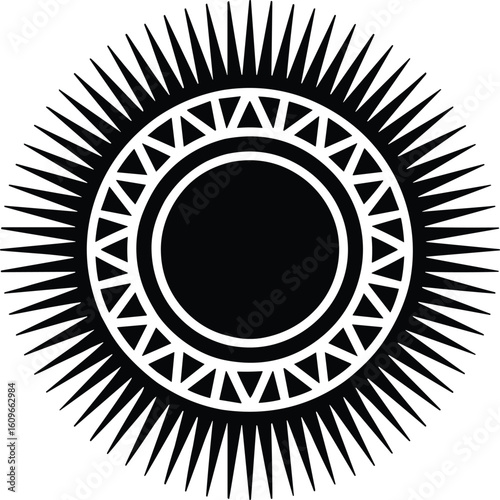 Black and white decorative sunburst design with geometric triangles and spiked rays for a decorative element