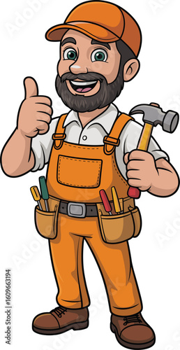 Smiling cartoon handyman character in orange uniform, holding hammer and giving thumbs up, perfect for construction, renovation, repair service, maintenance, promotional design