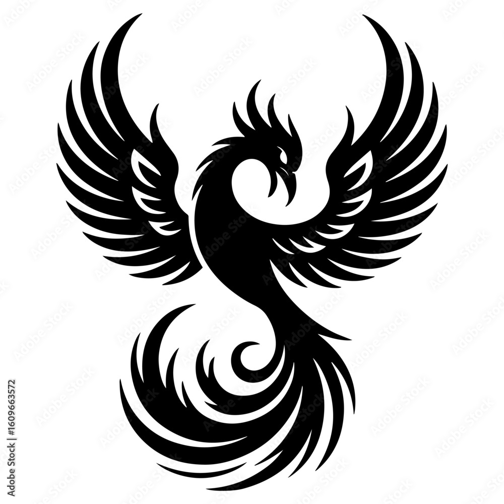 Fototapeta premium Phoenix Bird Silhouette Logo – Majestic Winged Vector Icon Design on White Background