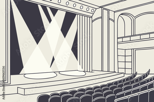 Empty theater stage bathed in dramatic spotlight beams, evoking anticipation and performance magic, modern flat illustration style.