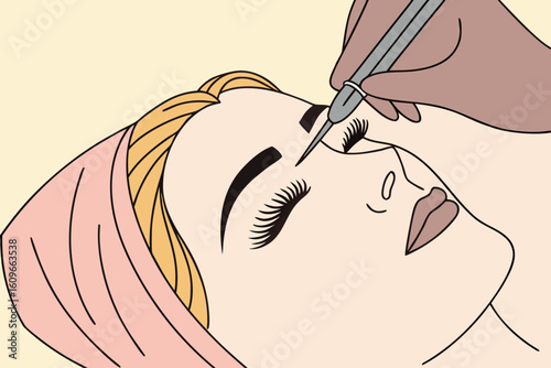 Eyebrow lamination procedure in progress at salon, close-up of stylist enhancing brows, beauty and care focus, modern flat illustration style.
