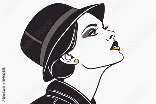 Fashionable woman with black makeup and golden manicure stares intensely, showcasing edgy style and glamor, modern flat illustration style.