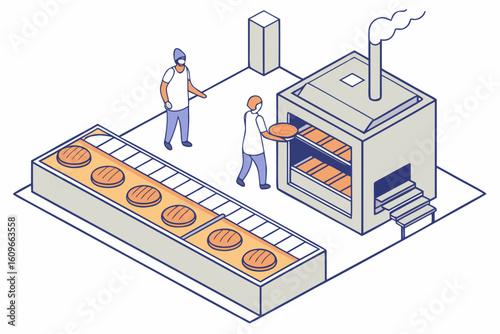 Factory scene showing fresh meat pies out of industrial oven in wholesale bakery, emphasizing craftsmanship and scale, modern flat illustration style.