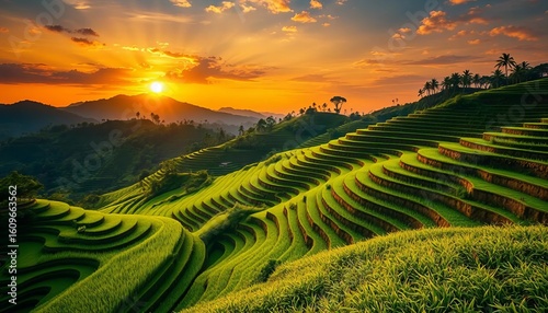 Wallpaper Mural Sunrise paints emerald rice terraces of Tampaksiring, Bali, in golden light, island, rural Torontodigital.ca