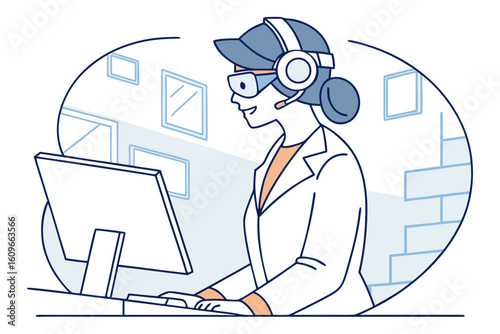 Female call center agent in futuristic headset and smart glasses uses virtual tech for AI customer service in a high-tech workspace, modern flat illustration style