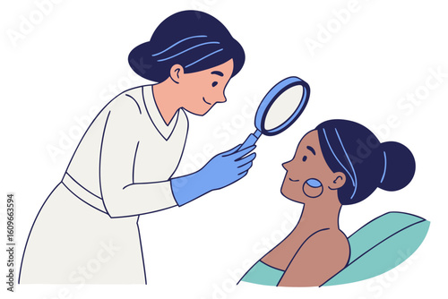Beautician examines woman’s face during a pre-treatment skin evaluation for cosmetic procedures, modern flat illustration style.