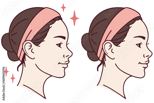 Asian woman’s cheek transformation from dry and flaky to smooth and radiant skin after using nourishing cream, ideal for beauty ads, modern flat illustration style