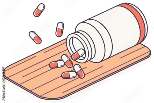 B12 vitamin pills spill from a bottle on a wooden surface, symbolizing dietary health, energy support, and supplement use in daily nutrition, modern flat illustration style