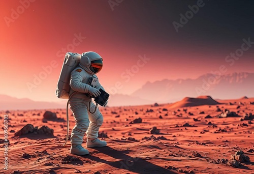 Astronaut on desolate, red planet, analyzing atmosphere with device,  spaceman,  extraterrestrial